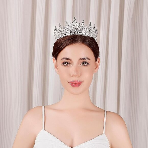 Crystal Tiara Women Crown Silver Rhinestone Royal Bridal Halloween Cosplay main image 5